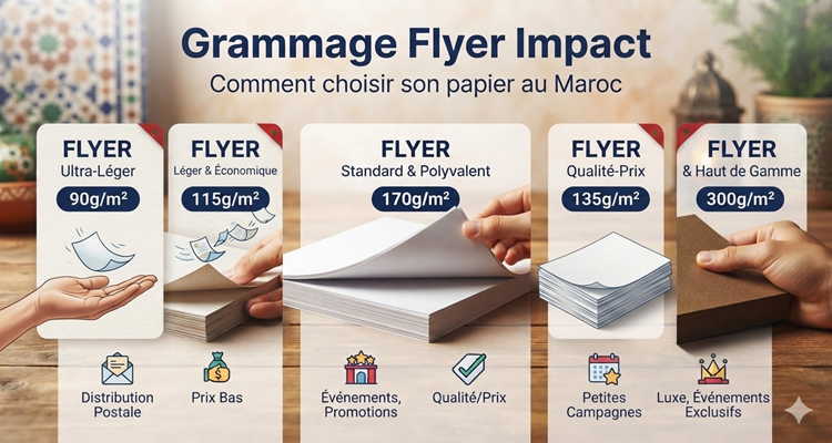 Infographie comparative des grammages de papier pour flyer au Maroc : 90g, 115g, 135g, 170g et 300g avec leurs usages de l'ultra-léger au haut de gamme.