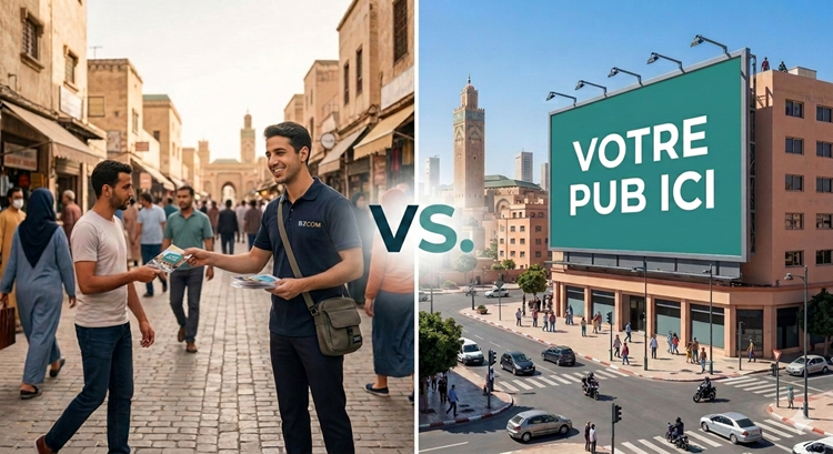 Comparatif entre la distribution de flyers par l'agence BZCOM et un panneau publicitaire d'affichage urbain à Casablanca au Maroc