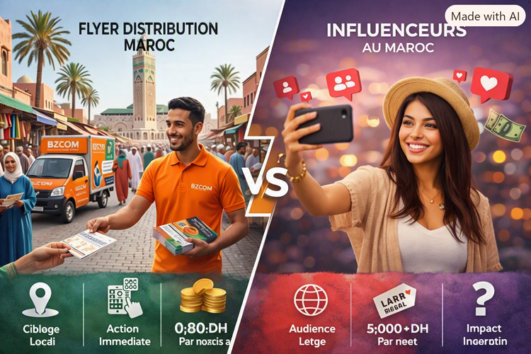 Comparatif visuel Flyers vs Influenceurs au Maroc montrant la distribution de flyers BZCOM à gauche et une influenceuse Instagram marocaine à droite, illustrant la différence entre marketing local et digital.